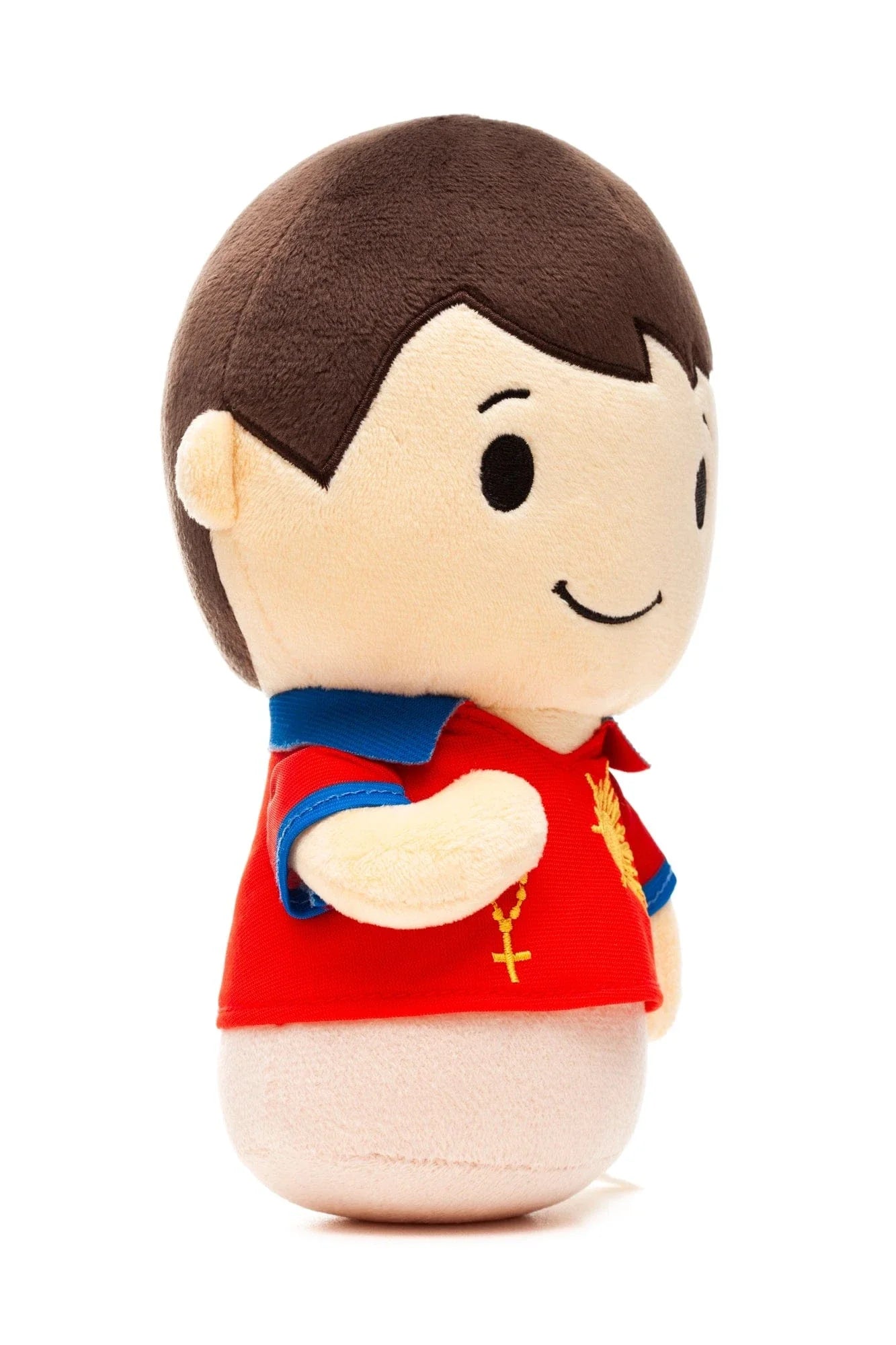 9-inch plush doll of Saint Carlo Acutis wearing red and blue shirt holding small gold cross necklace