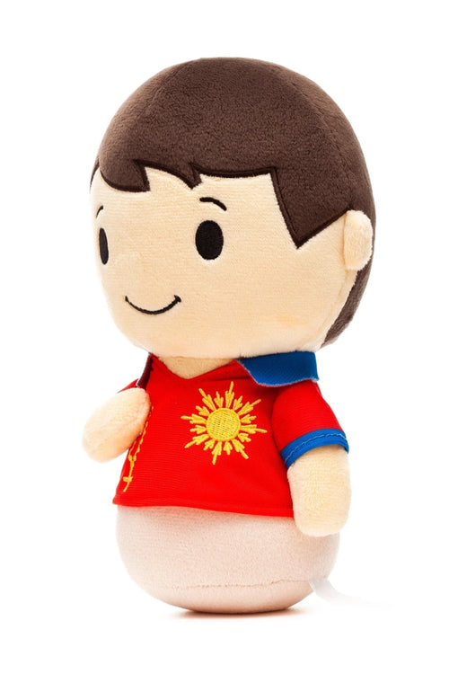 Saint Carlo Acutis plush doll in red shirt with yellow sun emblem and blue collar on white background