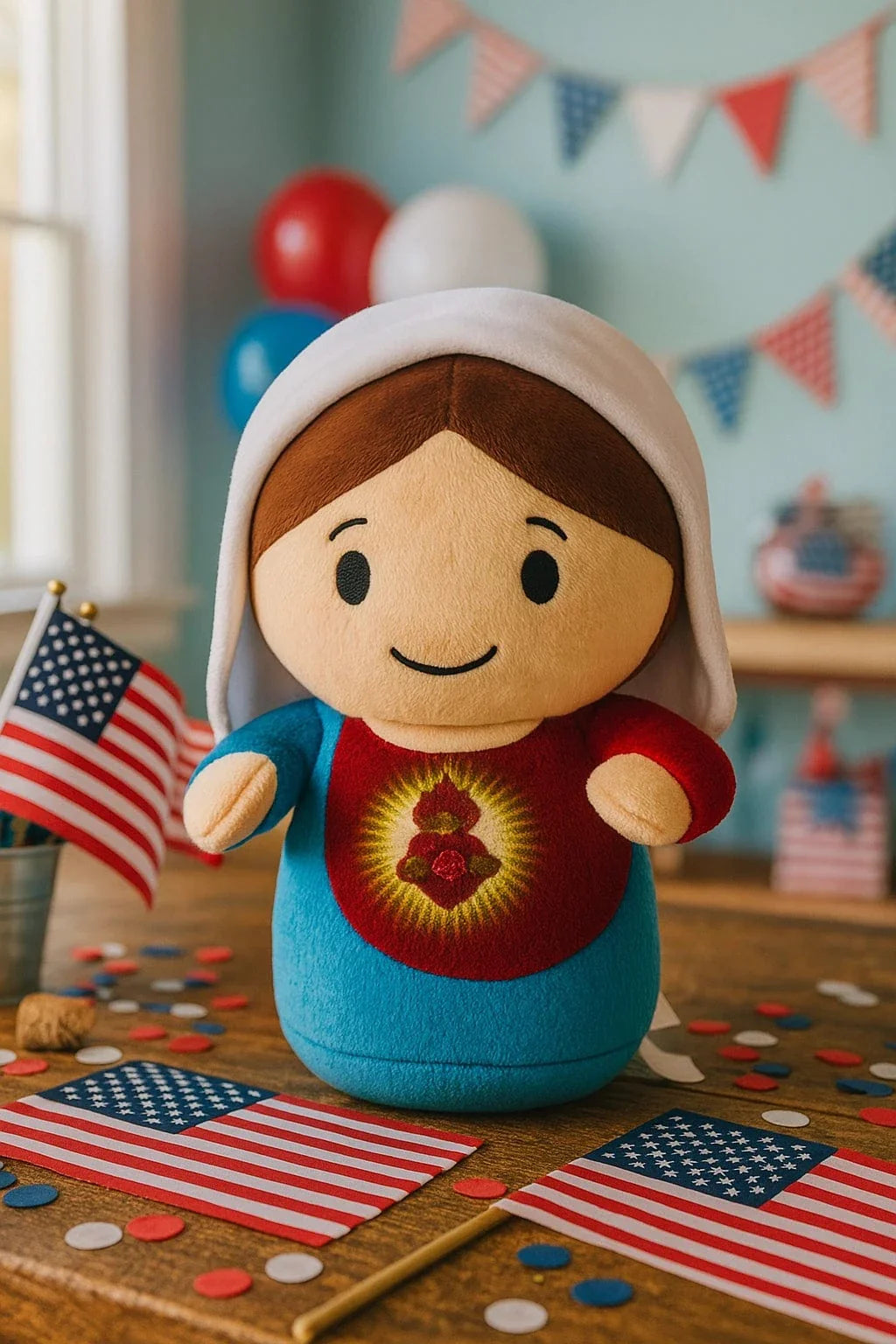 9-inch Immaculate Heart of Mary plush doll with embroidered heart, white veil, and blue and red gown on wooden table