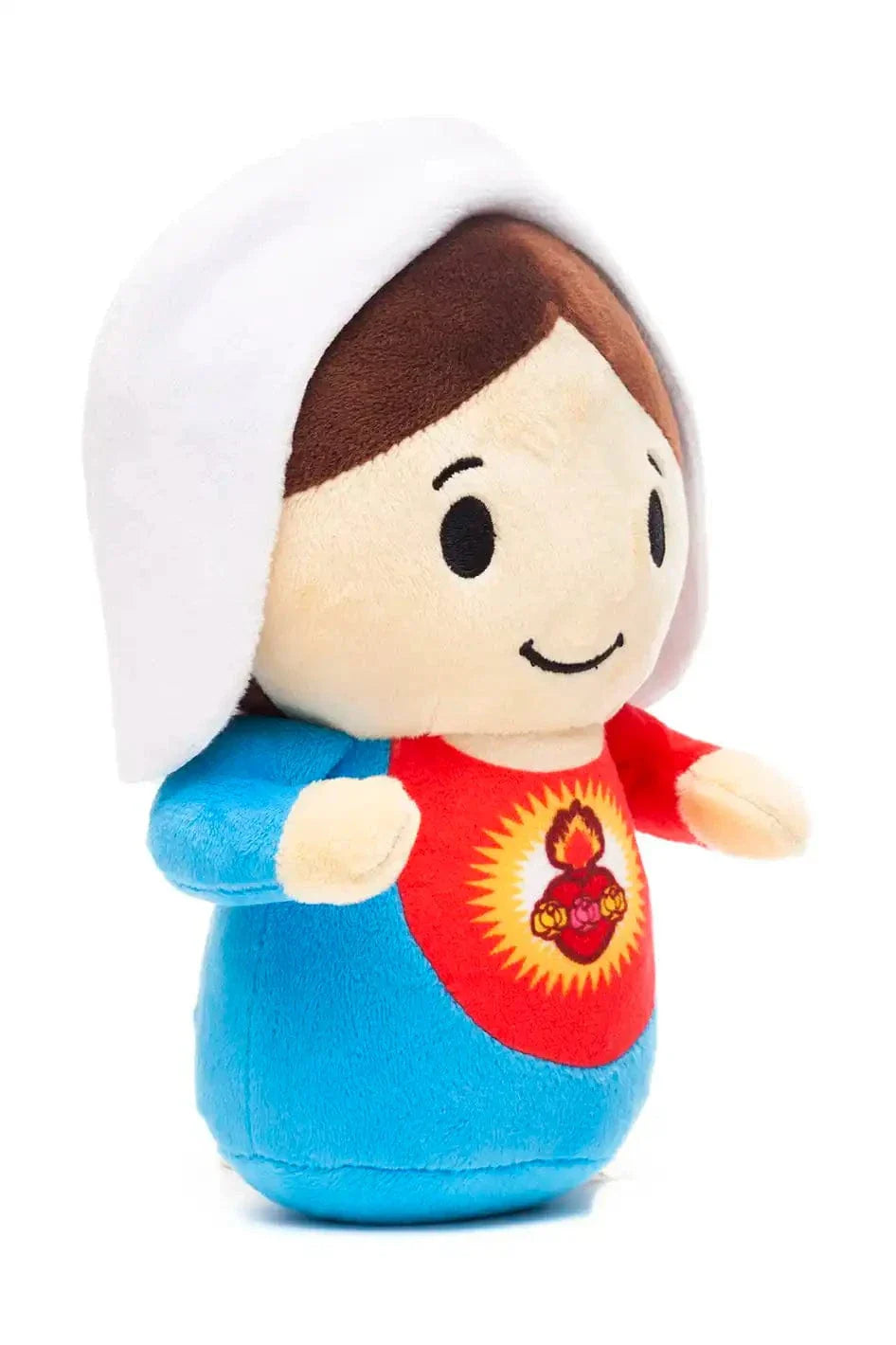 9" Immaculate Heart of Mary plush doll wearing blue and red robe with white veil and embroidered heart design