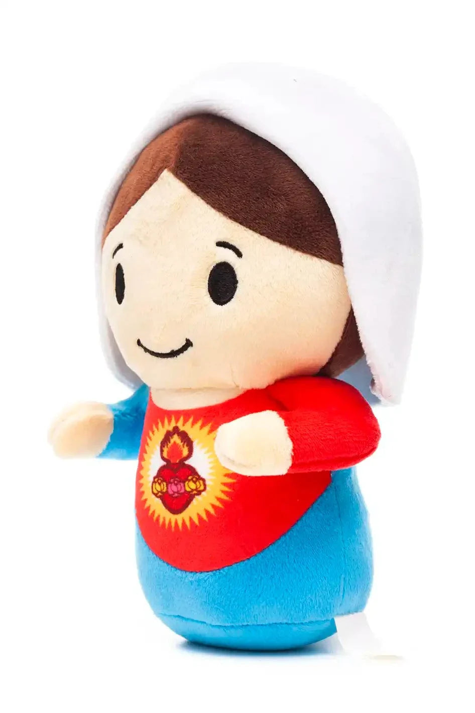 9" plush doll of Immaculate Heart of Mary wearing red and blue robes with white veil on white background
