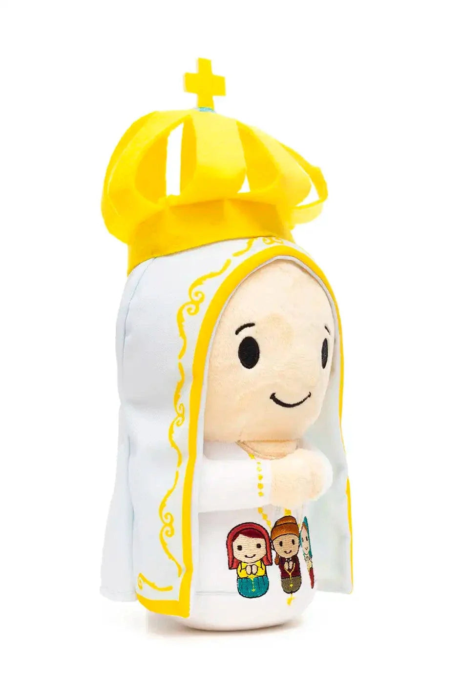 Our Lady of Fatima plush doll with yellow crown and embroidered three shepherd children on white cloak