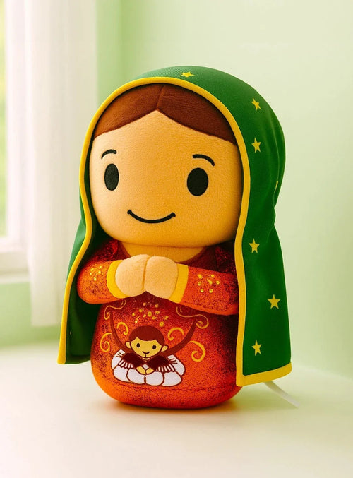 Our Lady of Guadalupe plush doll 9" with green starry veil and red embellished cloak sitting with hands folded in prayer