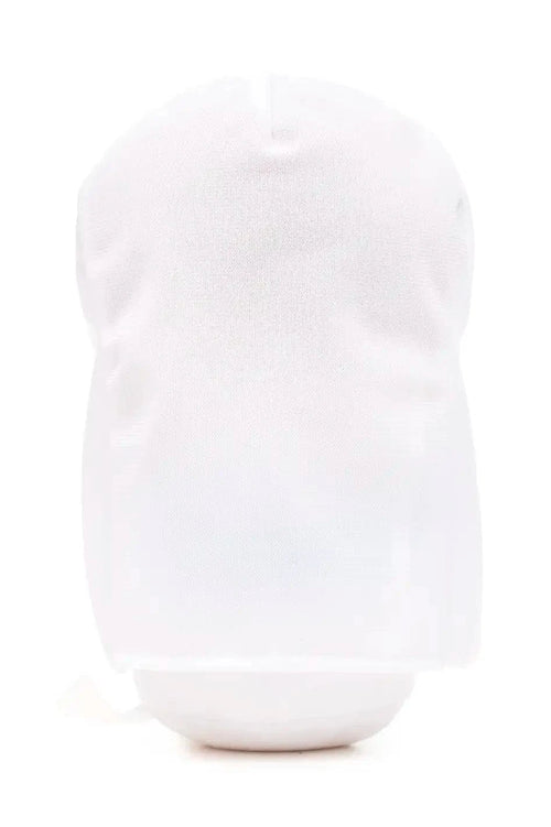 Back view of Our Lady of Lourdes 9-inch white plush doll with smooth fabric texture on plain background