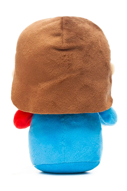Back view of 9-inch Sacred Heart of Jesus plush doll with brown hair and blue and red robes