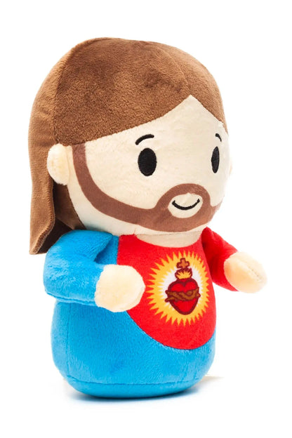 9" plush Sacred Heart of Jesus doll with brown hair, beard, and red and blue robe showing heart of love symbol