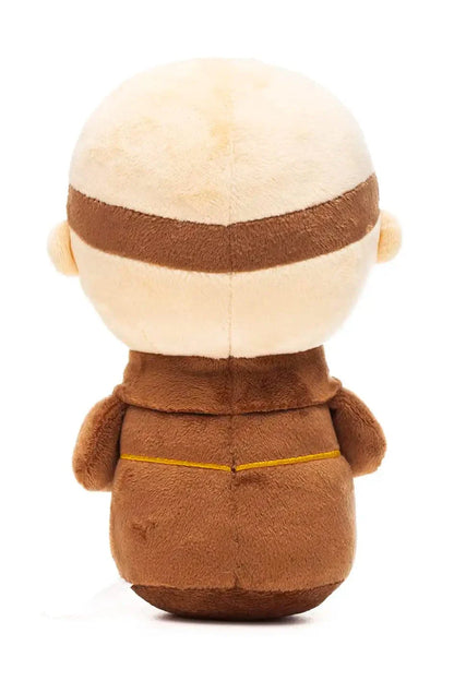 Rear view of 9-inch Saint Anthony plush doll wearing brown robe and headband with yellow stitched rope belt