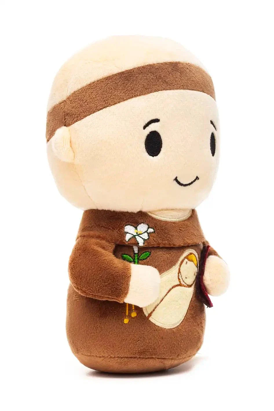 9-inch Saint Anthony plush doll in brown habit holding embroidered lily and baby Jesus on white background