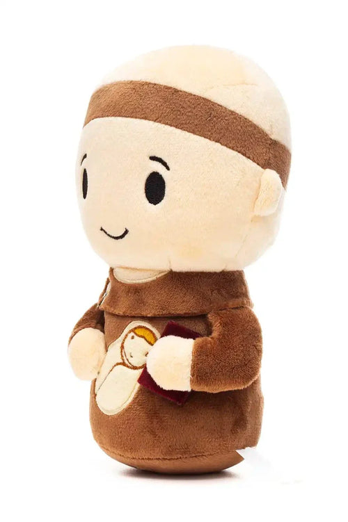 9" Saint Anthony plush doll in brown robe holding a small book with embroidered baby Jesus image