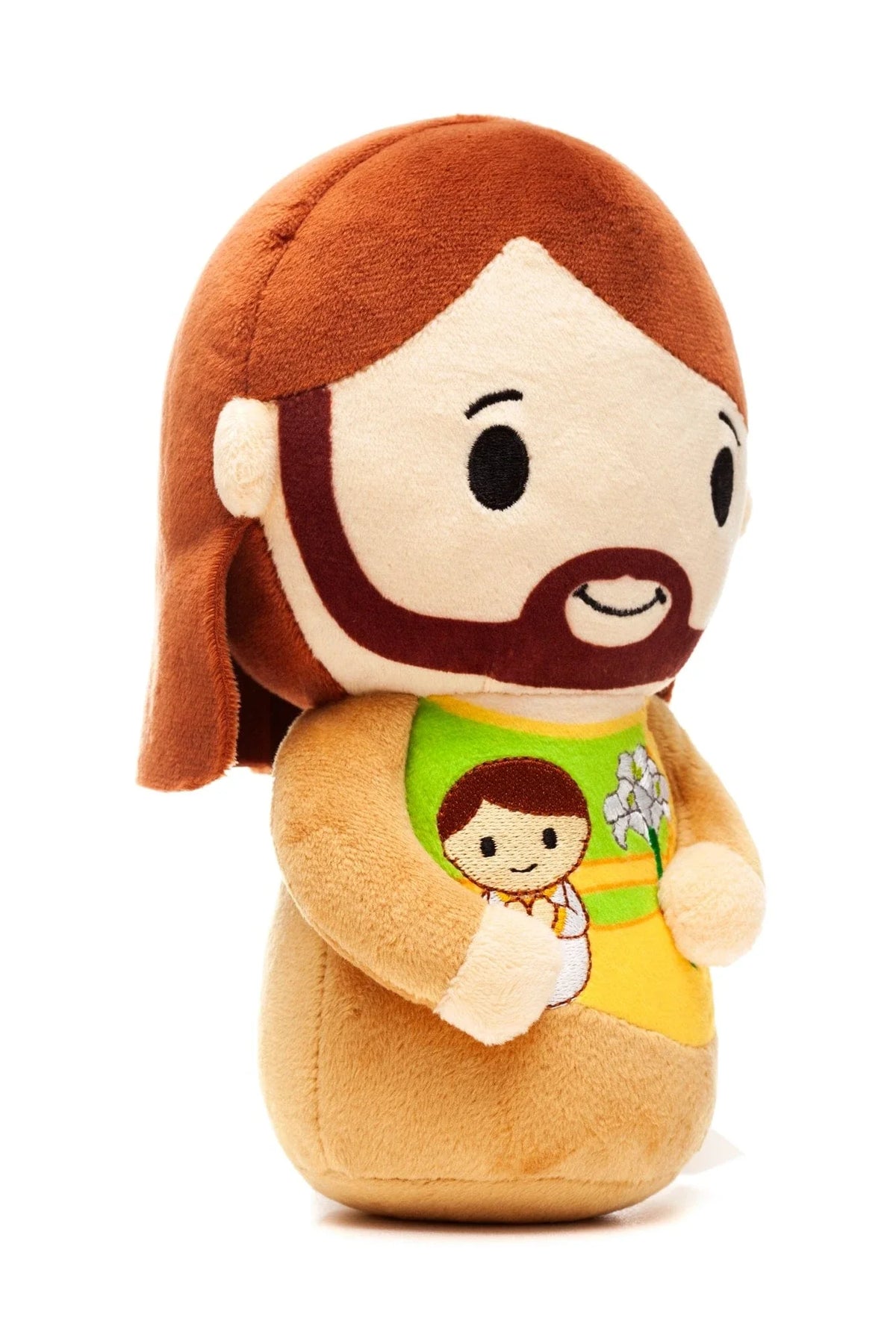 9" Saint Joseph plush doll with brown hair, beard, holding baby Jesus illustration on tan and green outfit