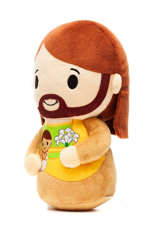 9-inch plush Saint Joseph doll with brown hair, beard, and embroidered lilies and child on yellow robe