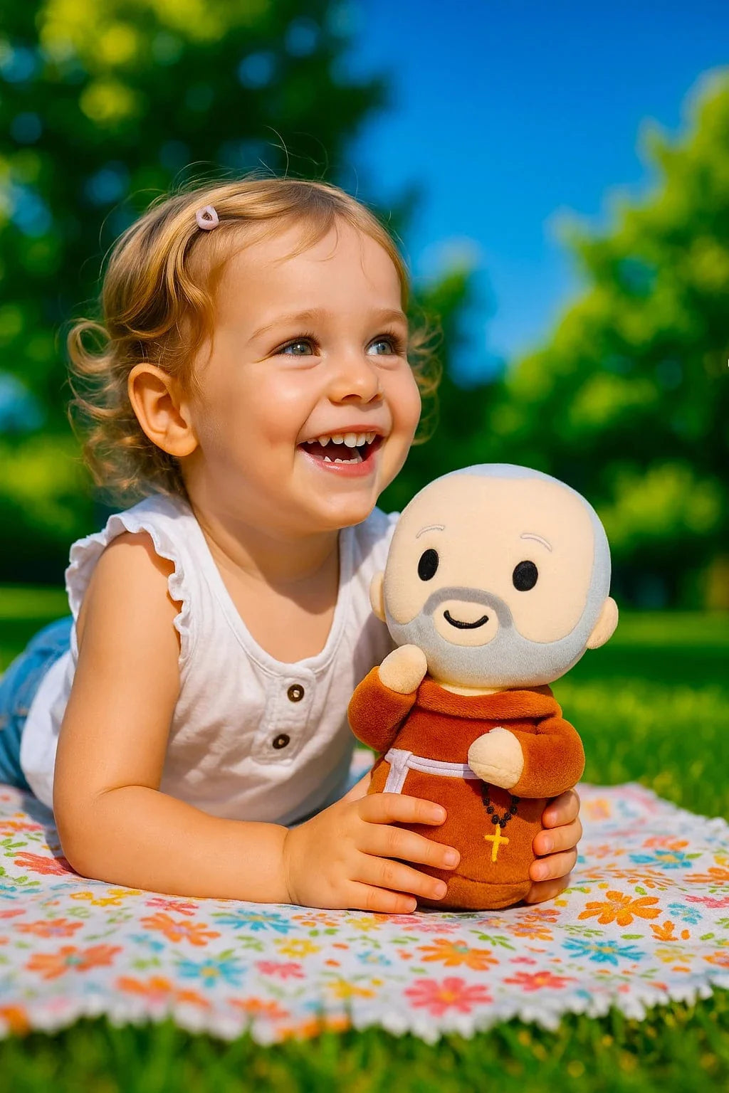 Young child smiling and holding Saint Padre Pio plush doll with brown robe and rosary outdoors on floral blanket