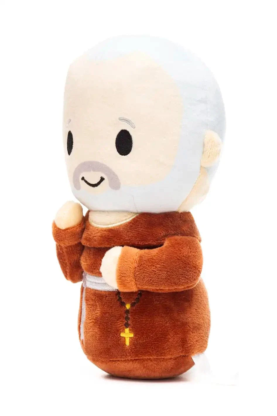 9 inch plush doll of Saint Padre Pio wearing brown robe and holding a rosary with gold cross charm