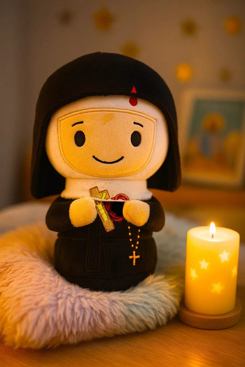 Saint Rita plush doll holding cross and rosary with lit star-patterned candle in cozy indoor setting