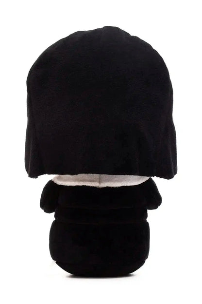Back view of Saint Rita plush doll wearing black habit and white collar on white background