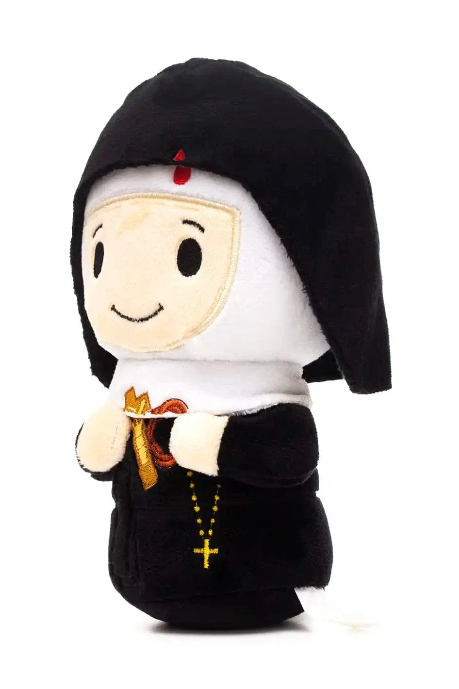 Saint Rita plush doll wearing black and white habit with embroidered cross and heart on chest on white background