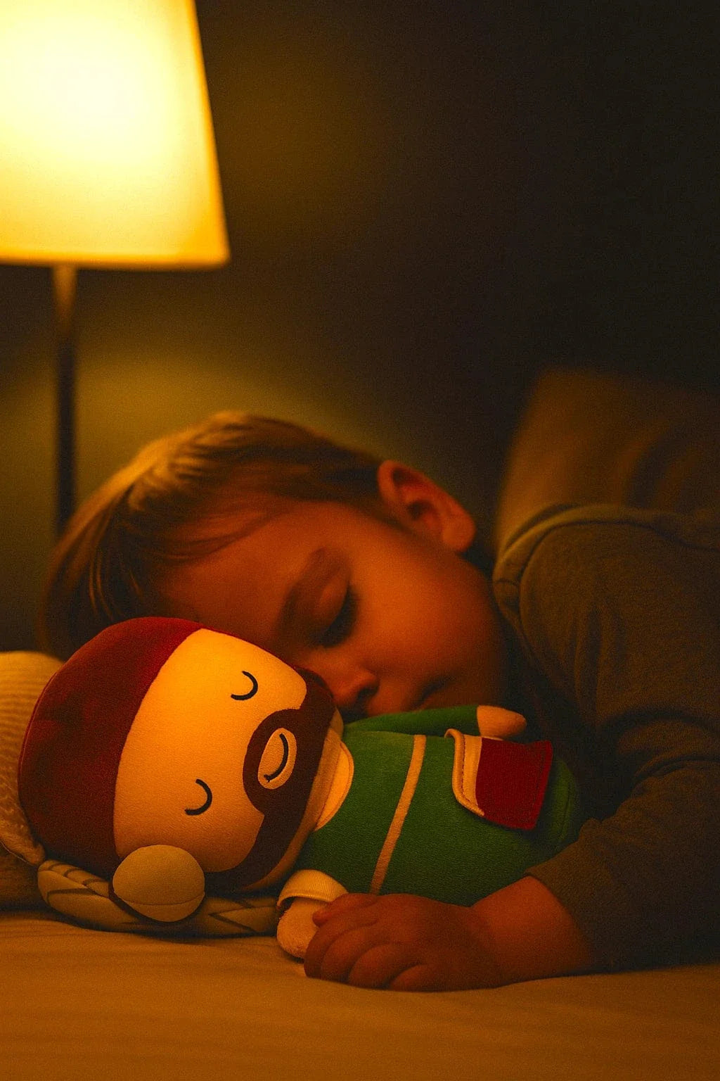 Child peacefully sleeping with 9-inch Sleeping Saint Joseph plush doll under warm bedside lamp light