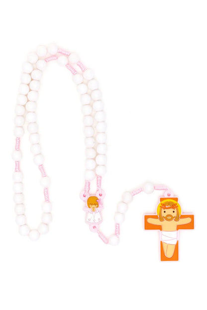 White and pink baby girl rosary with double-sided acrylic crucifix and angel centerpiece on white background