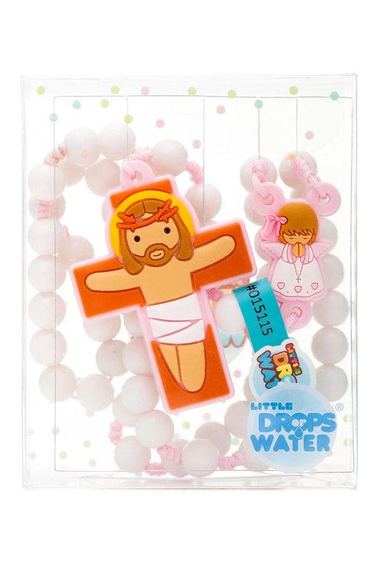 White bead baby girl angel rosary with colorful cartoon crucifix and angel centerpiece in clear acrylic gift box