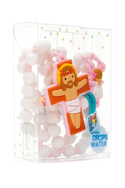 White bead Baby Girl Angel Rosary with colorful cartoon crucifix and centerpiece in clear acrylic gift box
