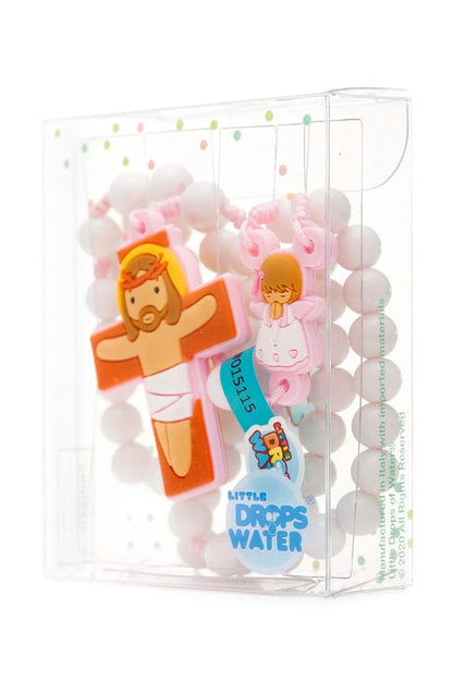Baby girl angel rosary with double-faced crucifix and pink acrylic beads in clear gift box packaging