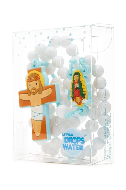 White acrylic Our Lady of Guadalupe kid’s rosary with blue accents in clear gift box packaging