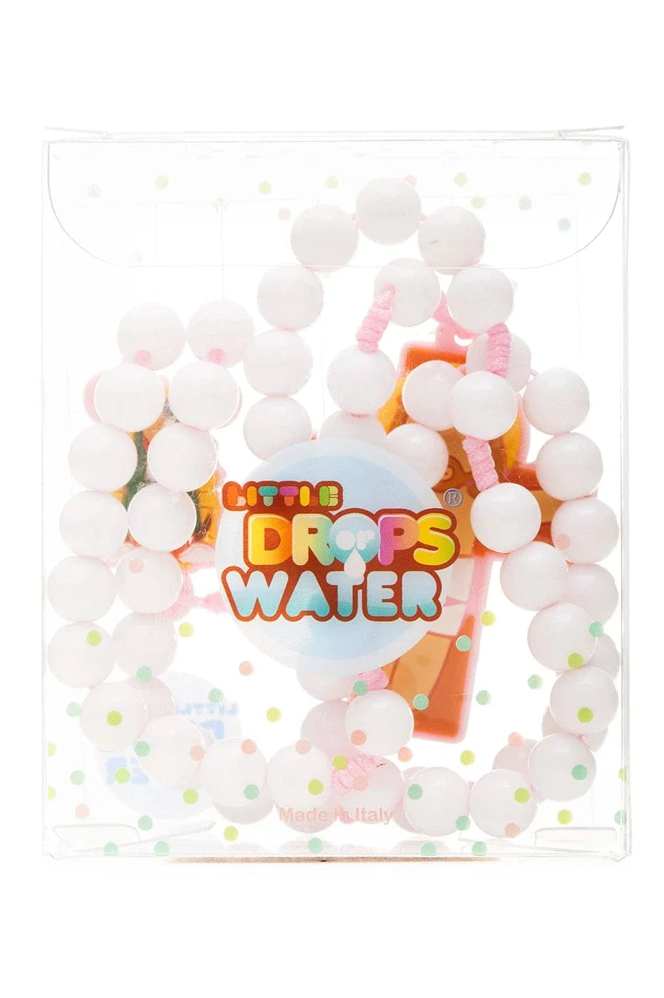 Pink bead Our Lady of Guadalupe rosary with gold-tone centerpiece and cross in clear polka dot packaging