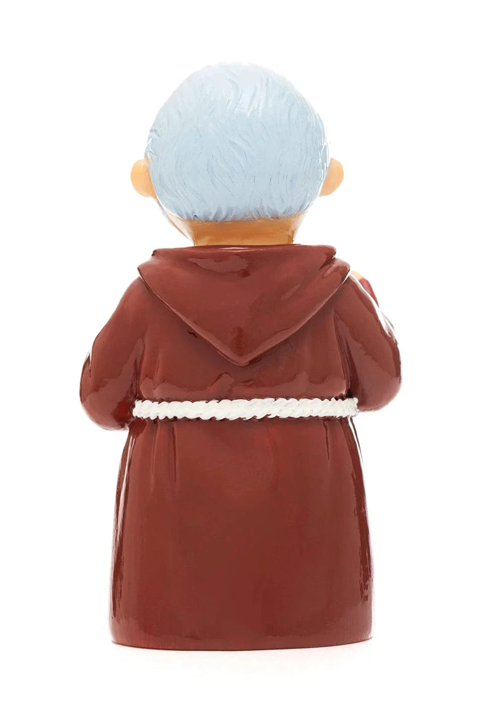 Rear view of 3.5" Saint Padre Pio figurine in brown robe with white rope belt and gray hair on white background