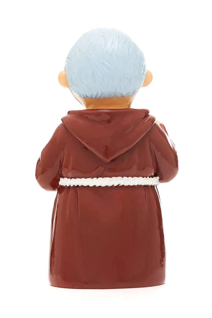 Rear view of 3.5" Saint Padre Pio figurine in brown robe with white rope belt and gray hair on white background
