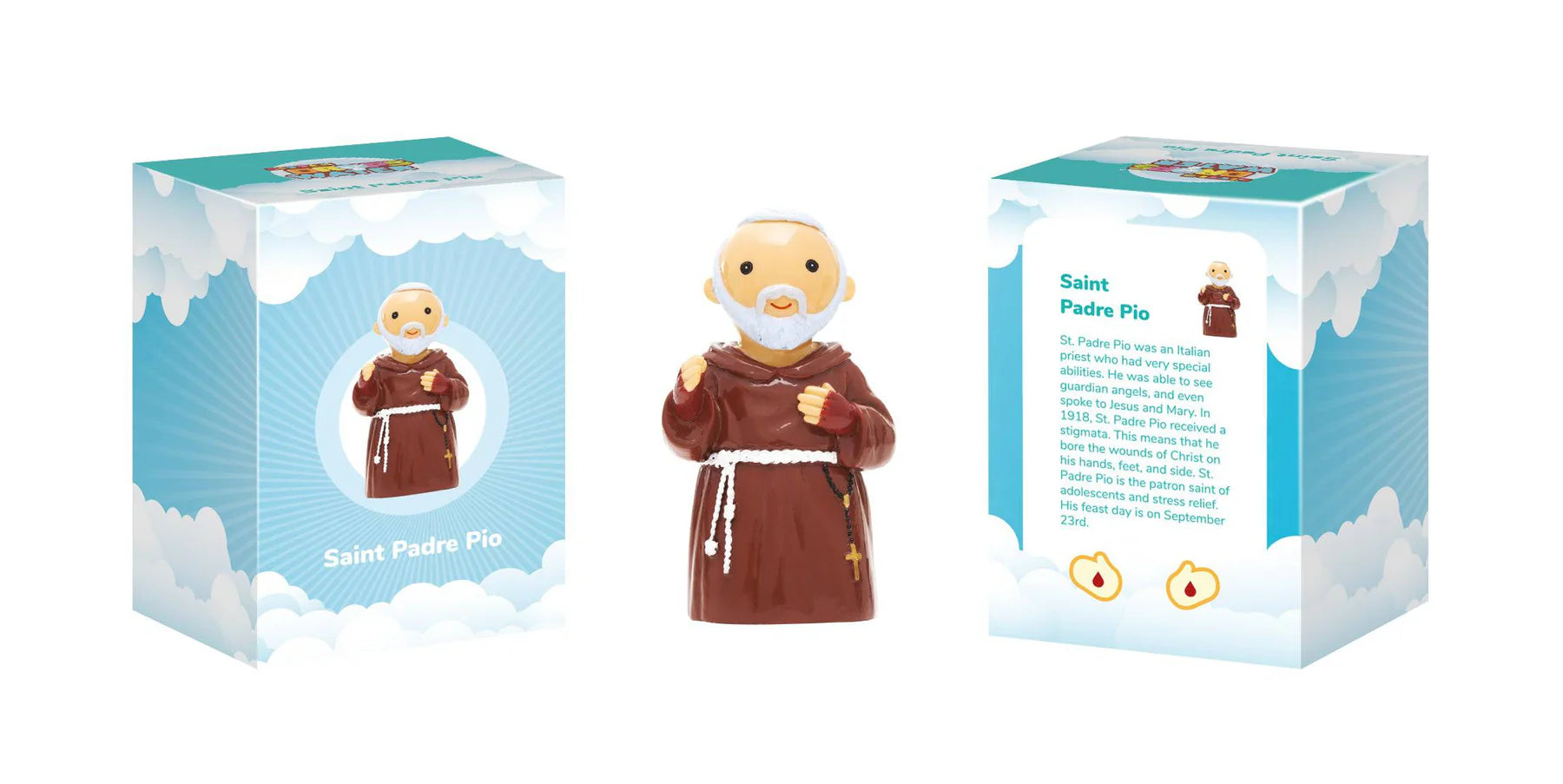 3.5" Saint Padre Pio collector's edition figurine in brown robe with packaging box featuring saint info and cloud design
