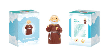 3.5" Saint Padre Pio collector's edition figurine in brown robe with packaging box featuring saint info and cloud design
