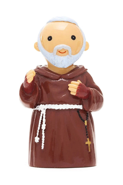 3.5" Saint Padre Pio figurine wearing brown robe with white rope belt and rosary with gold cross on white background