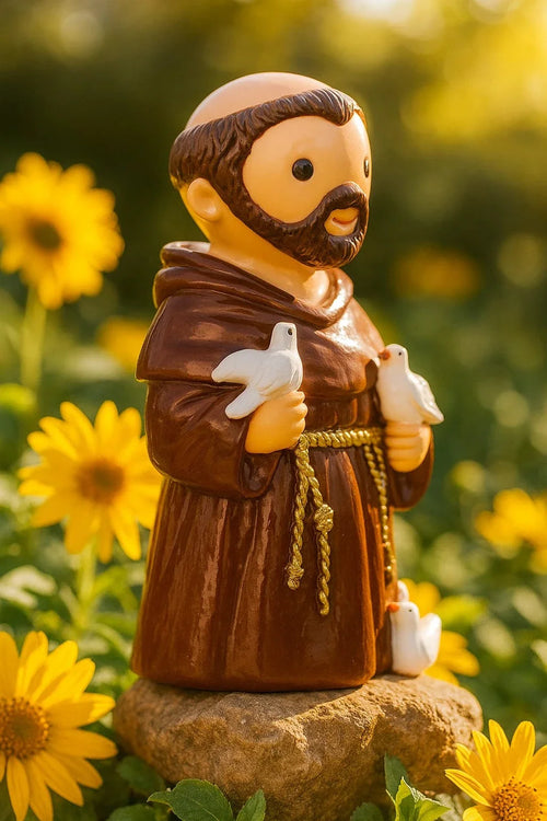 3.5" Saint Francis collector's edition figurine with brown robe holding white doves on rock surrounded by yellow flowers