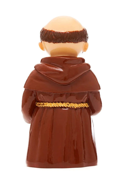 Rear view of 3.5" Saint Francis Collector's Edition figurine wearing brown robe with gold rope belt on white background