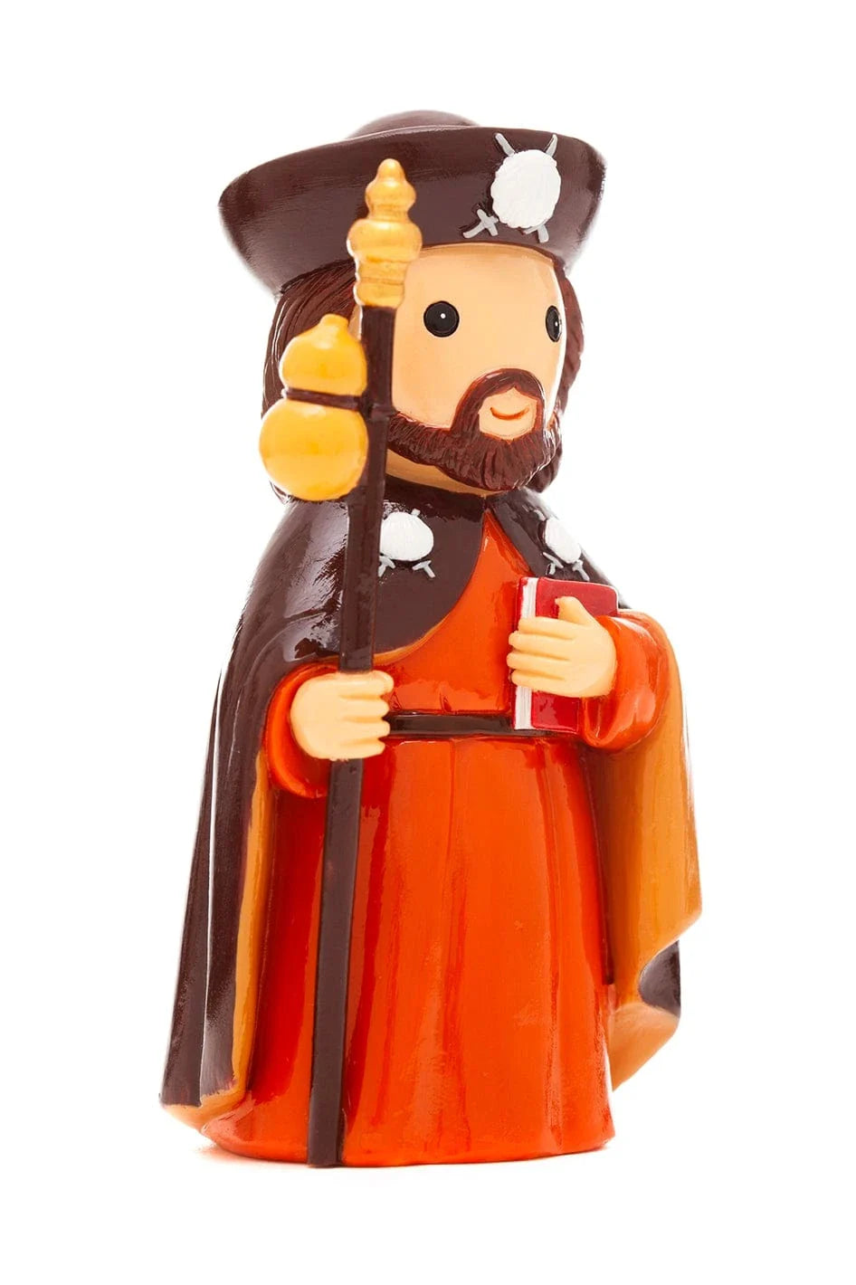 3.5" Saint James Collector’s Edition figurine holding staff and book wearing pilgrim hat and cloak on white background