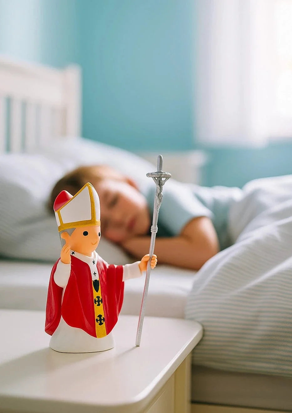 3.5" Saint John Paul II collector's edition figurine in red and white robes on bedside table with child sleeping background