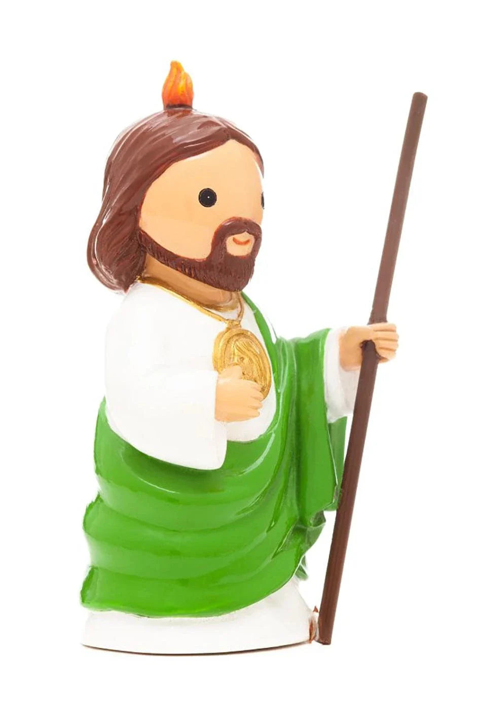 3.5" Saint Jude collector’s edition figurine holding staff with green robe and flame above head on white background