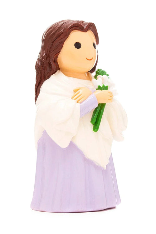 3.5" Saint Maria Goretti collector's edition figurine holding white lilies dressed in purple robe and white shawl on white background