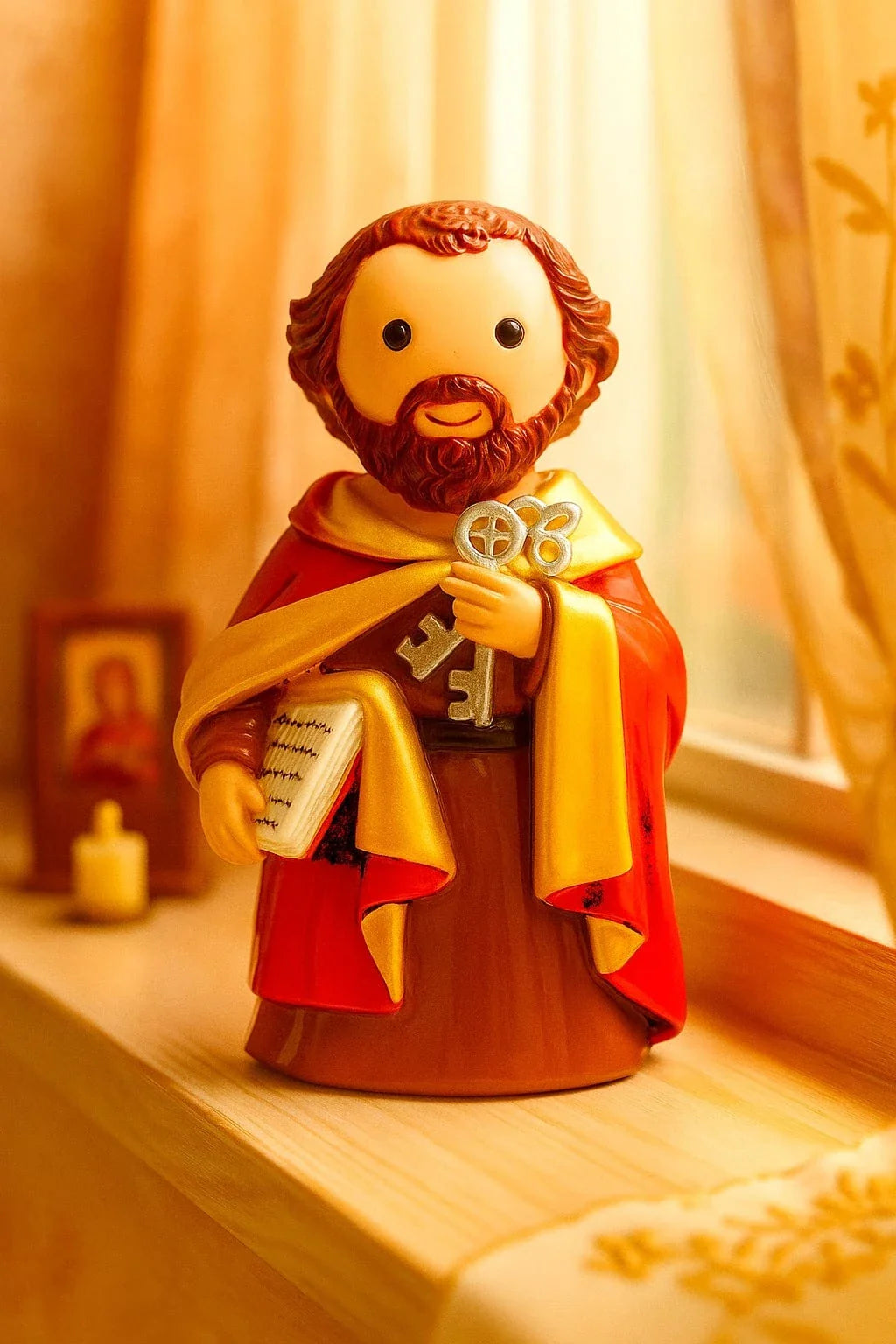 3.5" Saint Peter collector's edition figurine holding keys and book with red and gold robes by window with candle and icon behind