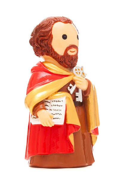 3.5" Saint Peter collector’s edition figurine holding keys and bible with red and gold cloak on white background