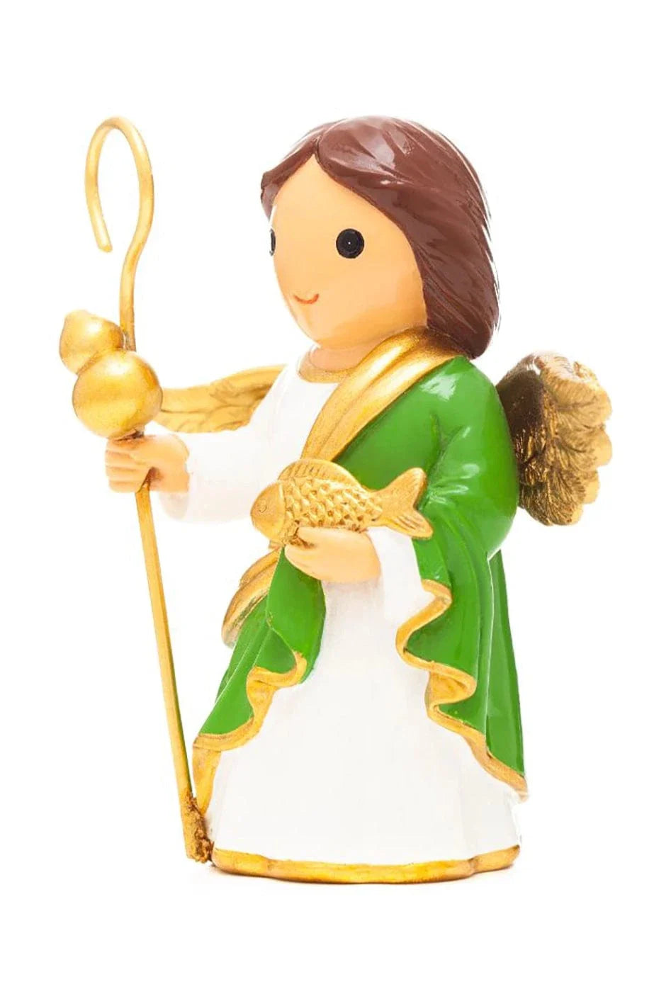 3.5" Saint Raphael collector's edition figurine with green and white robe, gold wings, staff, and fish detail