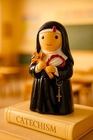 3.5" Saint Rita collector's edition figurine in black habit holding cross and crown of thorns on Catechism book