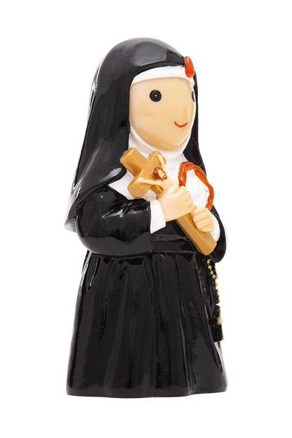 3.5" ceramic Saint Rita figurine wearing black habit holding wooden cross and rosary beads on white background