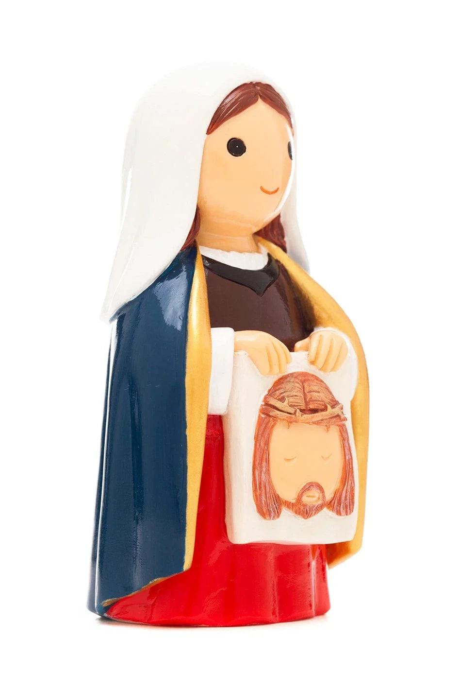 Hand-painted 3.5" St. Veronica Little Drops figurine holding cloth with Jesus’ face, wearing blue, red, and white robes