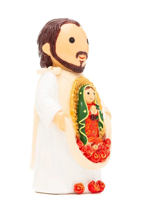 3.5" Saint Juan Diego figurine holding Our Lady of Guadalupe with red roses on white background