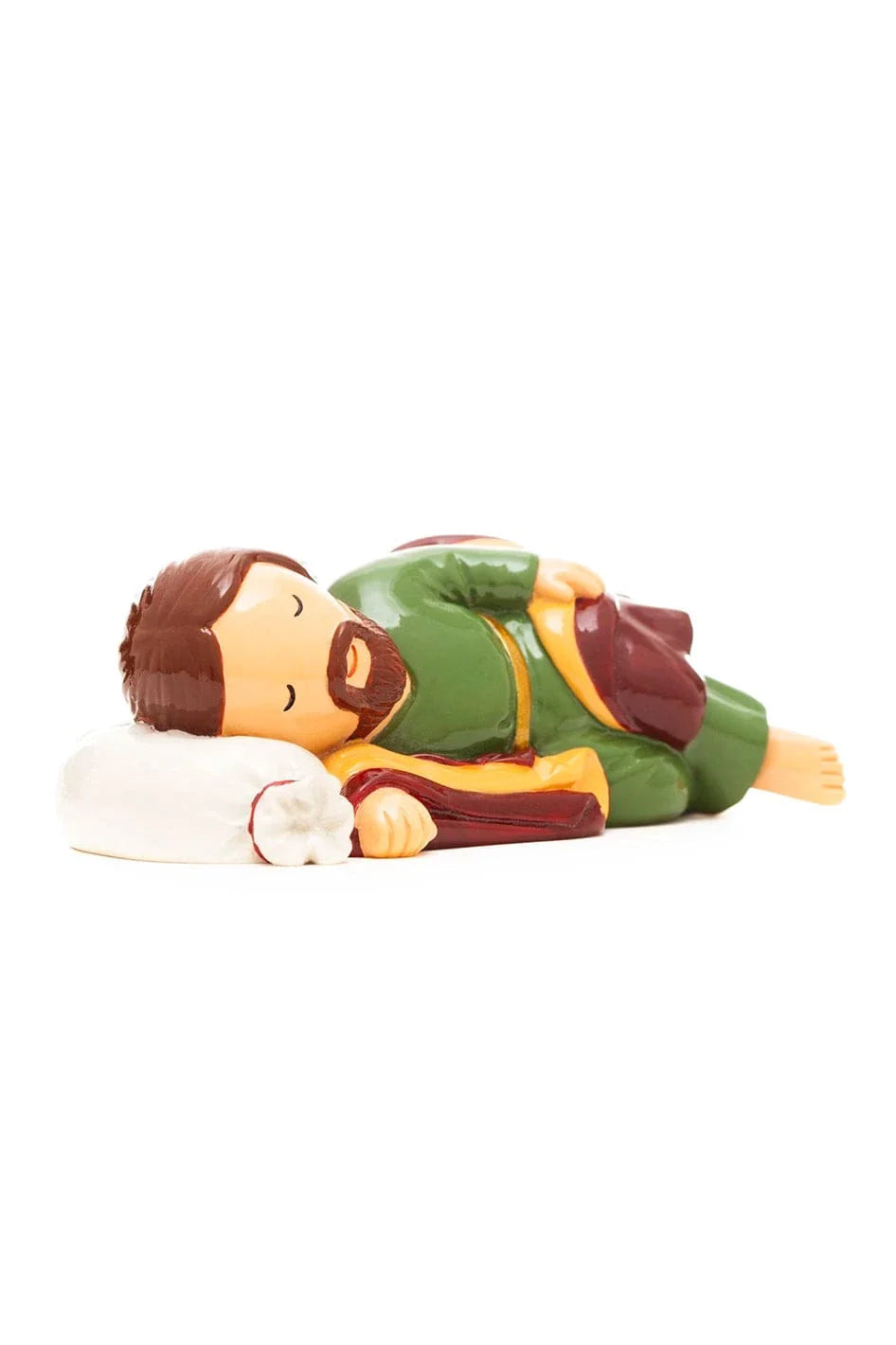3.5" Sleeping Saint Joseph figurine in green and brown robes resting on white pillow with peaceful expression