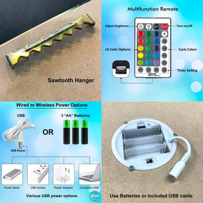 Remote control with 16 color options, sawtooth hanger, USB and battery power options for illuminated canvas print.