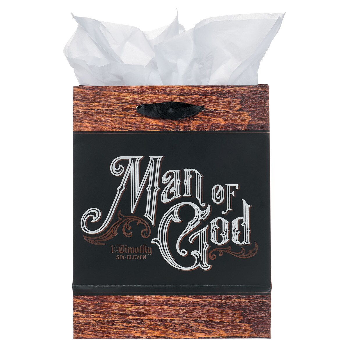 Medium gift bag with Man of God design and 1 Timothy 6:11 scripture, featuring wood panel accents and white tissue paper.