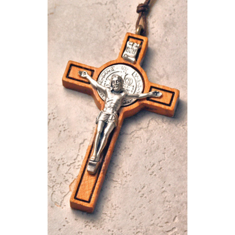 St. Benedict crucifix necklace made from olive wood with silver figure of Jesus, perfect for religious sacraments gift.