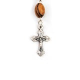 Hand-sized Holy Land olive wood auto rosary with silver crucifix and Virgin Mary Medjugorje centerpiece, made in Bethlehem